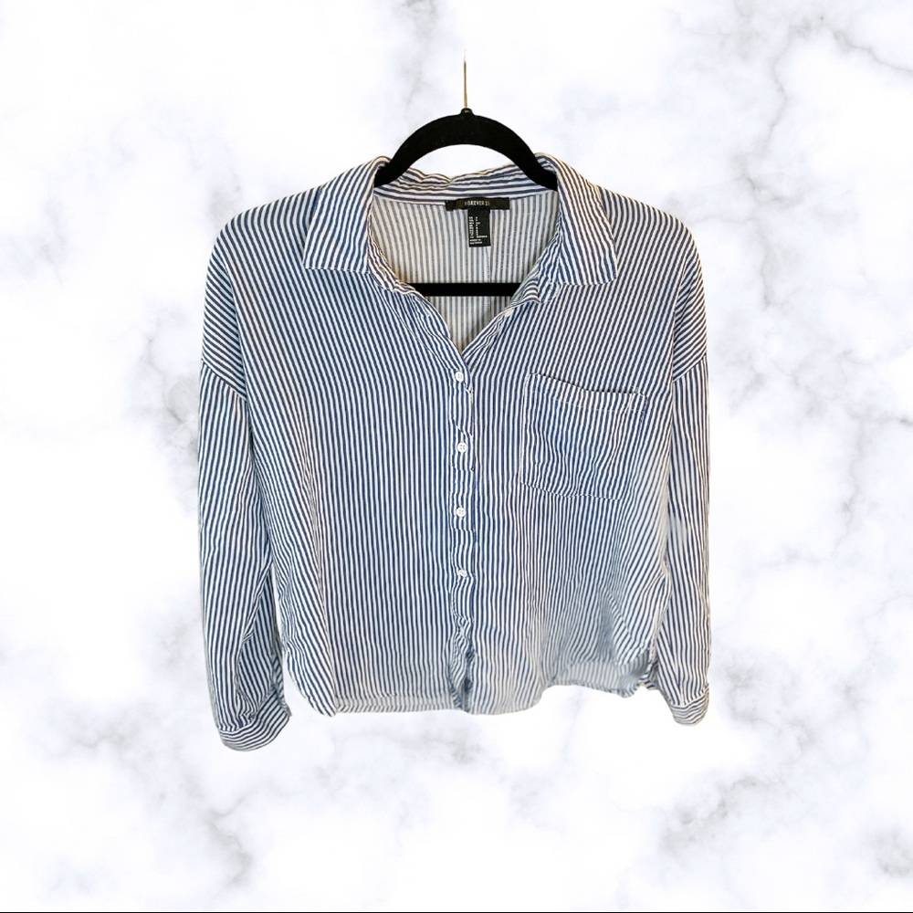 Forever 21 Blue and White Seersucker Button Down Blouse